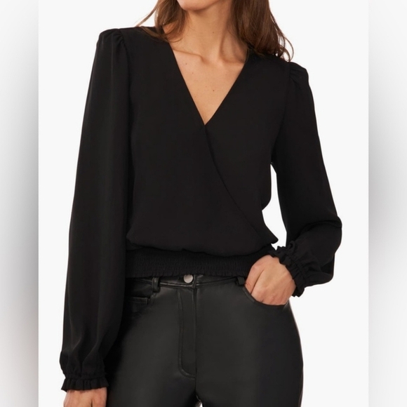 Halogen Black Faux Wrap Pullover Long Sleeve Blouse L - Picture 1 of 8